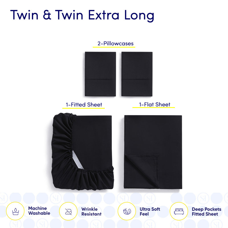 Ensemble de draps luxueux en microfibre douce avec taies d'oreiller en prime, Noir