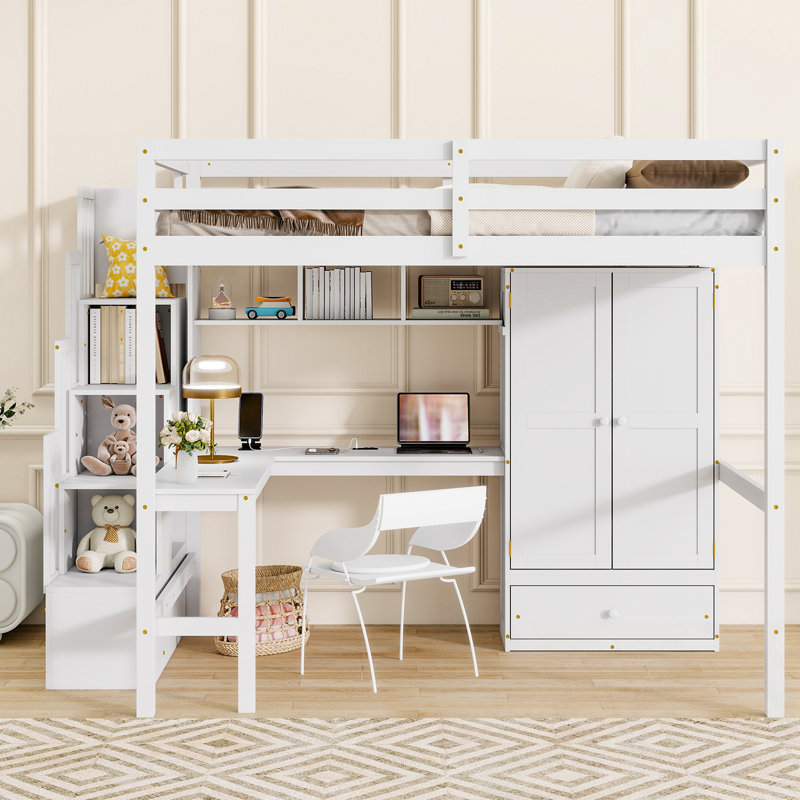 Full Size Loft Wood Bed with Desk, Book shelves and Wardrobe, White