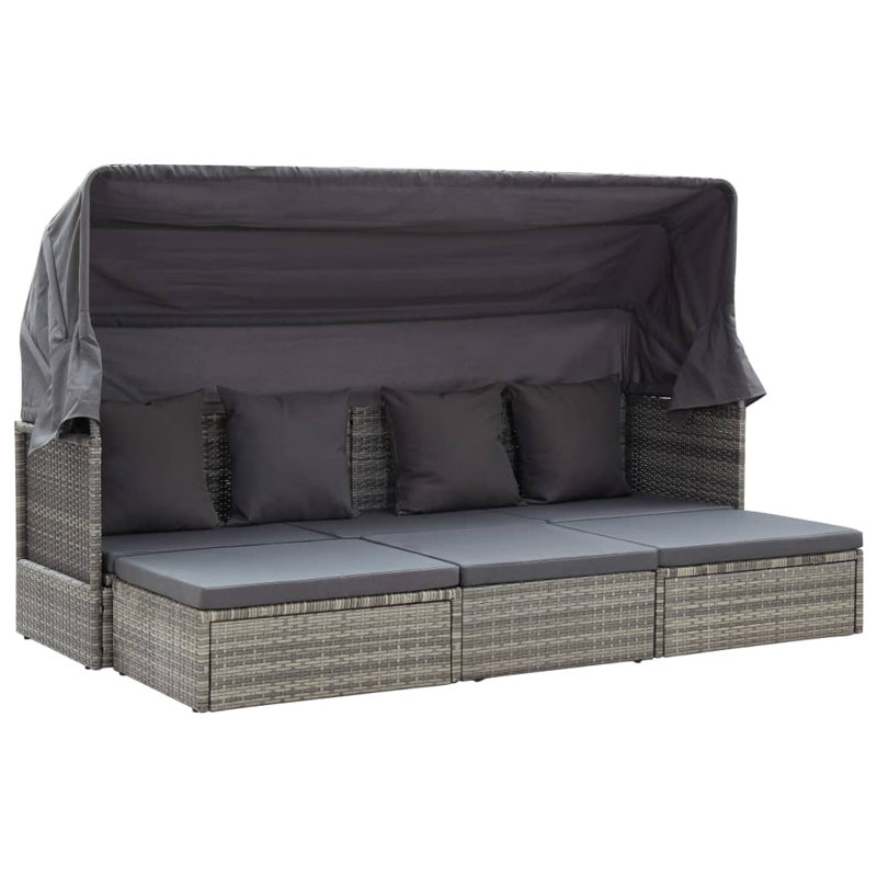 Lit de patio avec toit en rotin de polyester mélangé, Gris, Gris