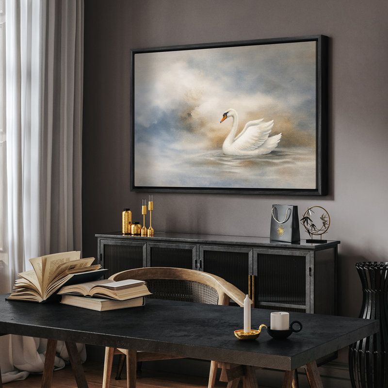 Impression sur toile élégante, cygne blanc, eau calme, rêve de ciel, H 16 po x l 24 po, Noir