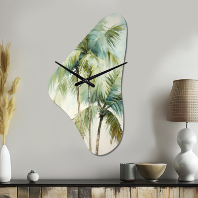Yigit Green Minimalims Palm Trees I - Asymmetrical Traditional Metal Clock, Freeform Metal Clock Print