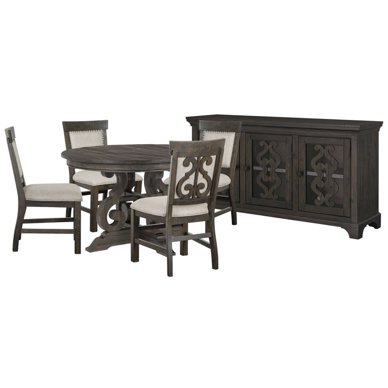 48" Round Dining Table With 4 Upholstered Side Chairs And Server, 6 Pieces: Table, 4 Chairs, Server