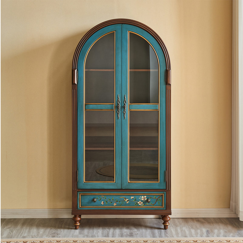 31.5" Teal-Brown Solid Wood Hand-Painted Vintage Display Cabinet