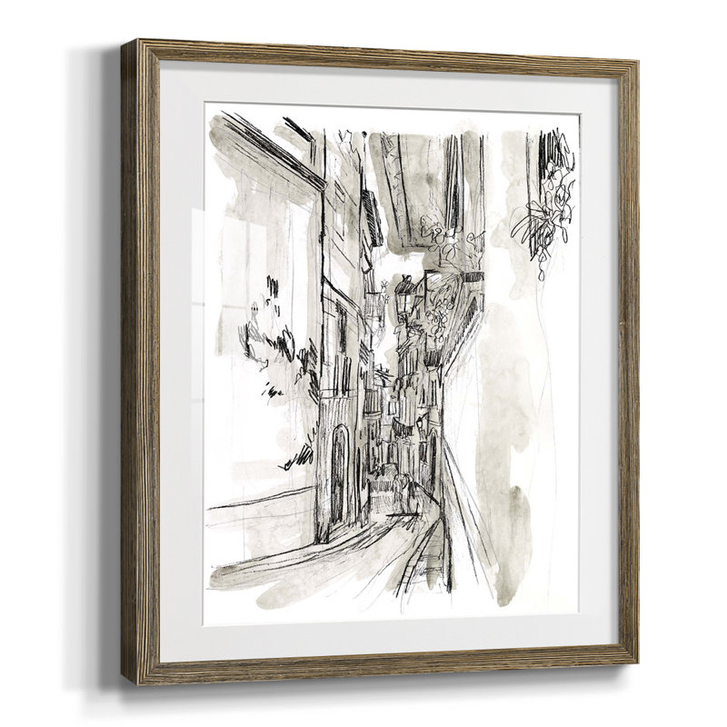 Europe Street Sketches I, Papier avec cadre noyer, Blanc