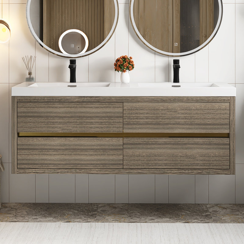 Meuble-lavabo mural 60 po avec lavabo, Bois de frêne gris
