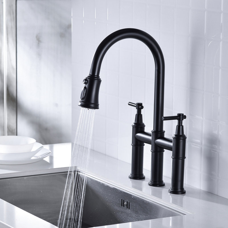 Matte Black Bridge Faucet - Dual Handle For Accurate Flow And Temperature Adjustment Sink 360-Degree Rotating Nozzle Extended Cleaning Area