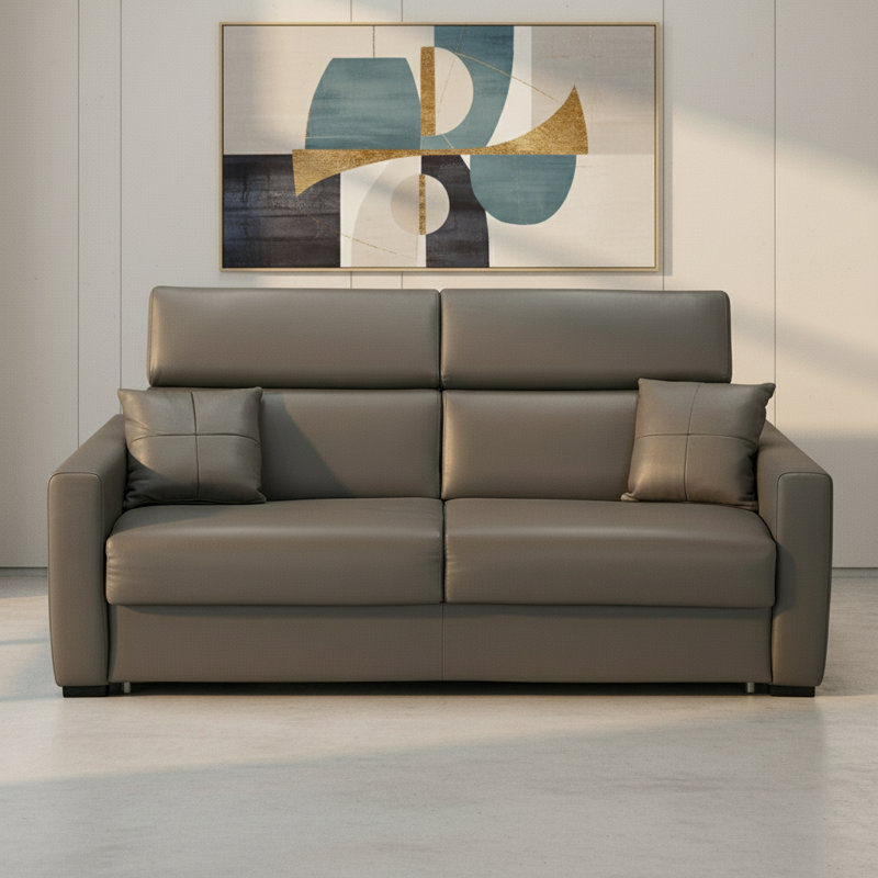 Paula 80" Genuine Italian Top Grain Leather Queen Folding Headrest Sleeper Sofa Bed with Memory Foam Mattress, Dark Gray