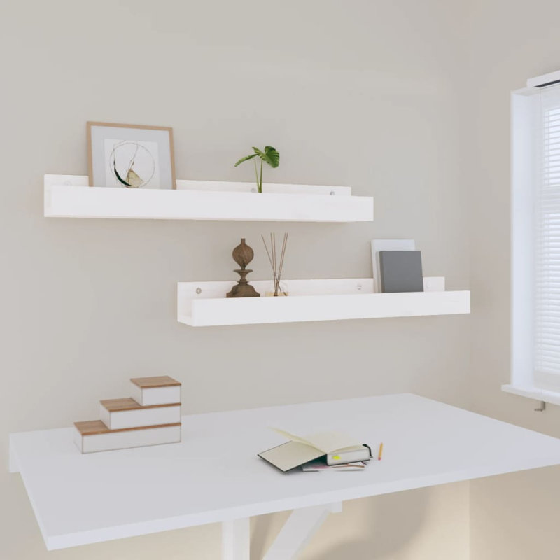 Wall Shelves 2 Pcs Solid Wood Pine, 9cm H x 80cm W x 12cm D, White