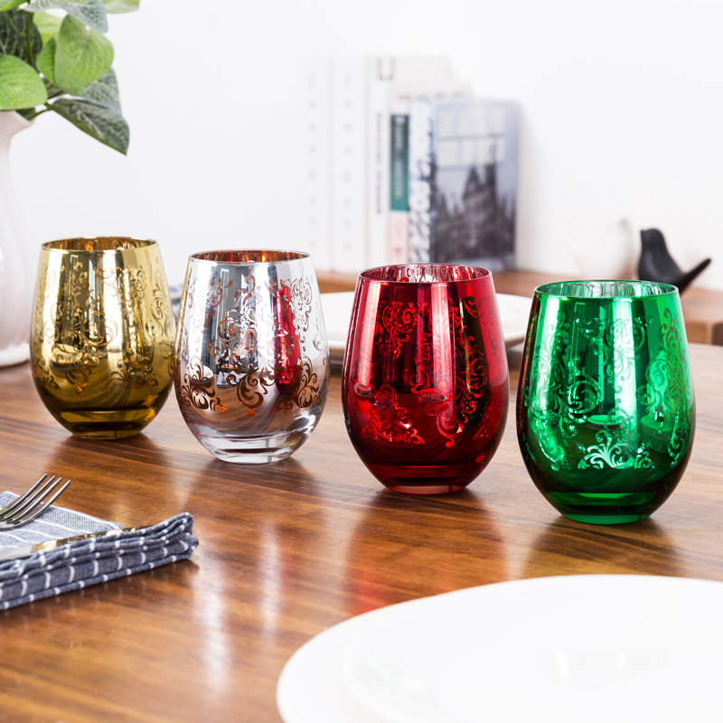 Festive Multicolor Stemless Wine Glass Set with Baroque Pattern, 16 oz Capacity