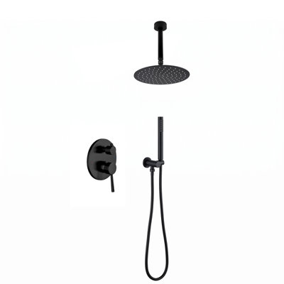 Système de douche noir mat, pommeau de douche rond effet pluie de 25 cm (10 po) à montage au plafond avec douchette, ensemble robinetterie de douche avec corps de soupape et trousse de garniture inclus