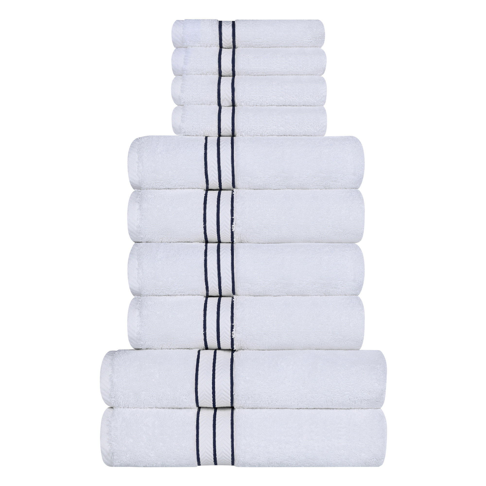 Josann Turkish Cotton Ultra-Plush Solid 10 Piece Highly Absorbent Heavyweight Towel Set, Navy Blue