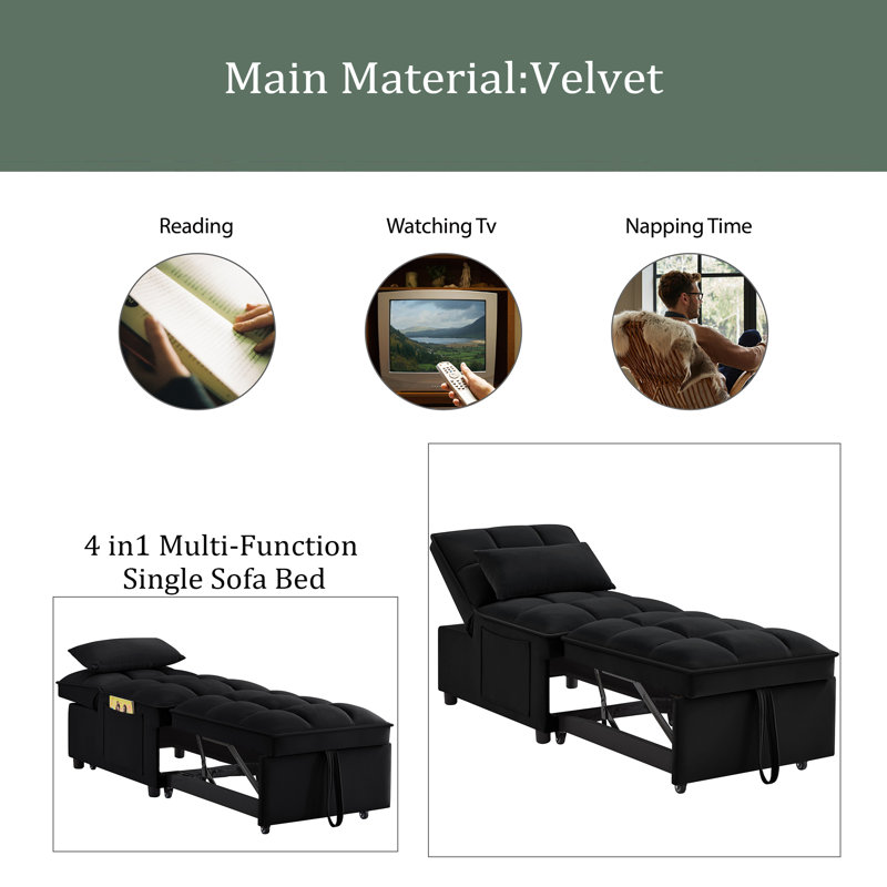 4 In1 Multi-Function Single Sofa Bed With Storage Pockets,Tufted Single Pull-Out Sofa Bed With Adjustable Backrest And Pillows ,Convertible Chaise Lounge