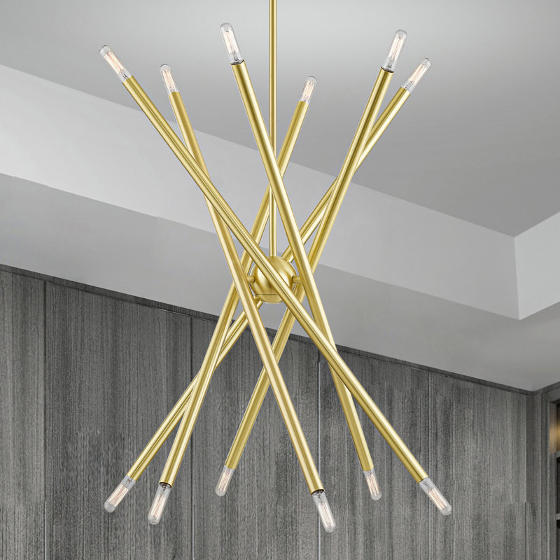 Lustre linéaire Spoutnik moderne à 12 lumières Poco, Laiton satiné, 12