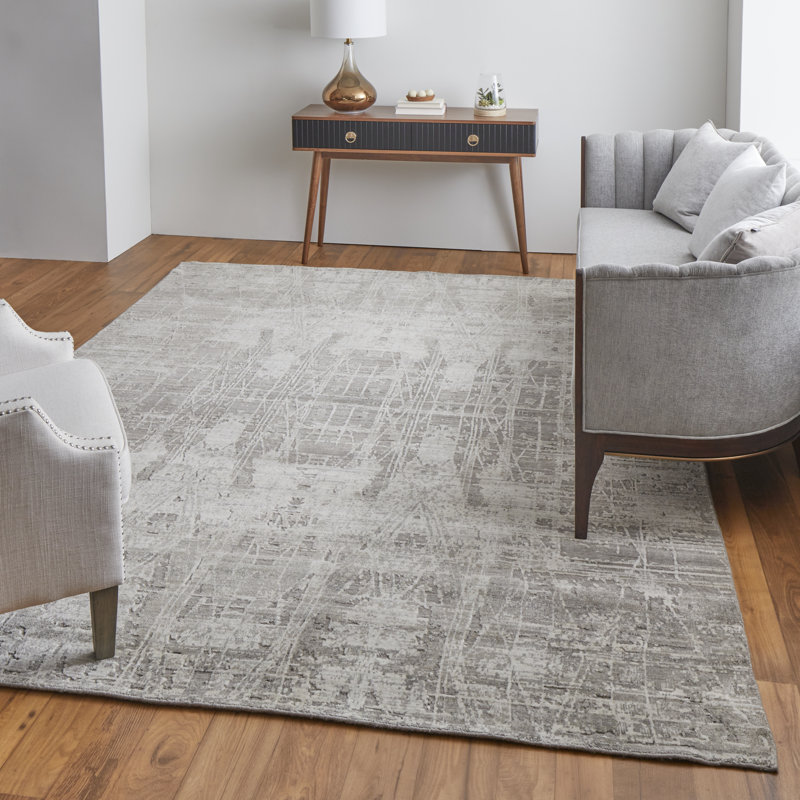 Tapis abstrait en viscose tissé à la main gris / ivoire, Tapis de couloir 2 pi 6 po x 10 pi