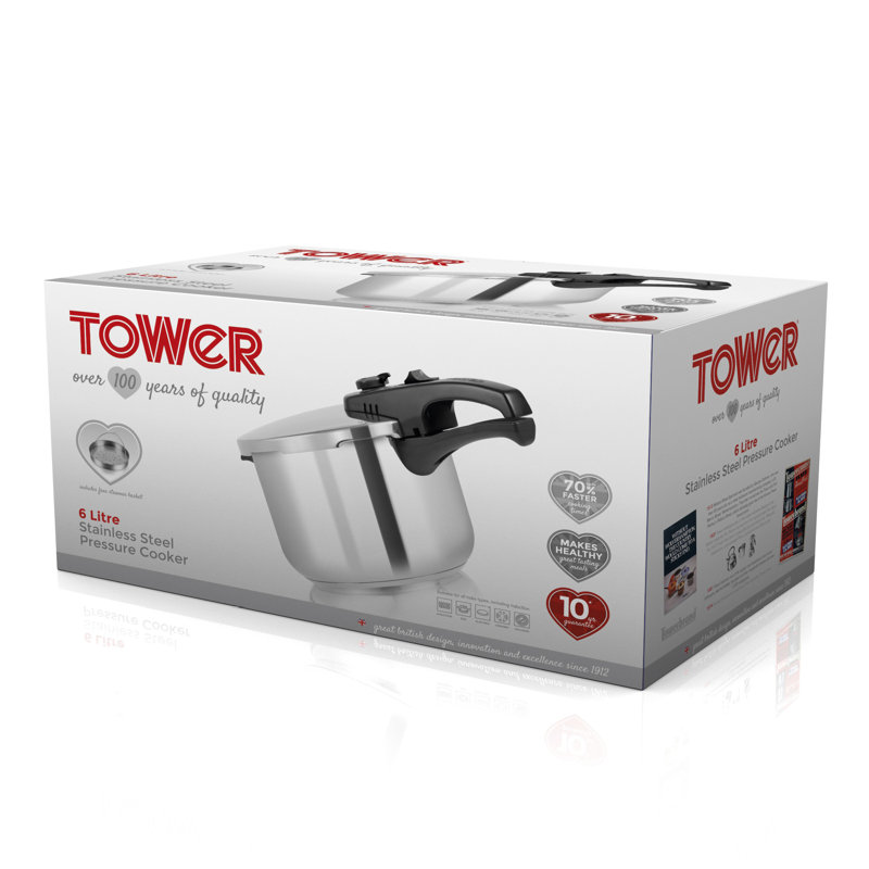 Tower Pressure Cooker with Steamer Basket, Stainless Steel, Silver, 6 L