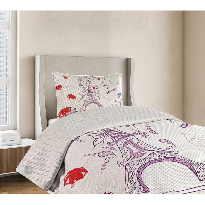 White and Red Eiffel Tower Twin Quilted Bedspread Set