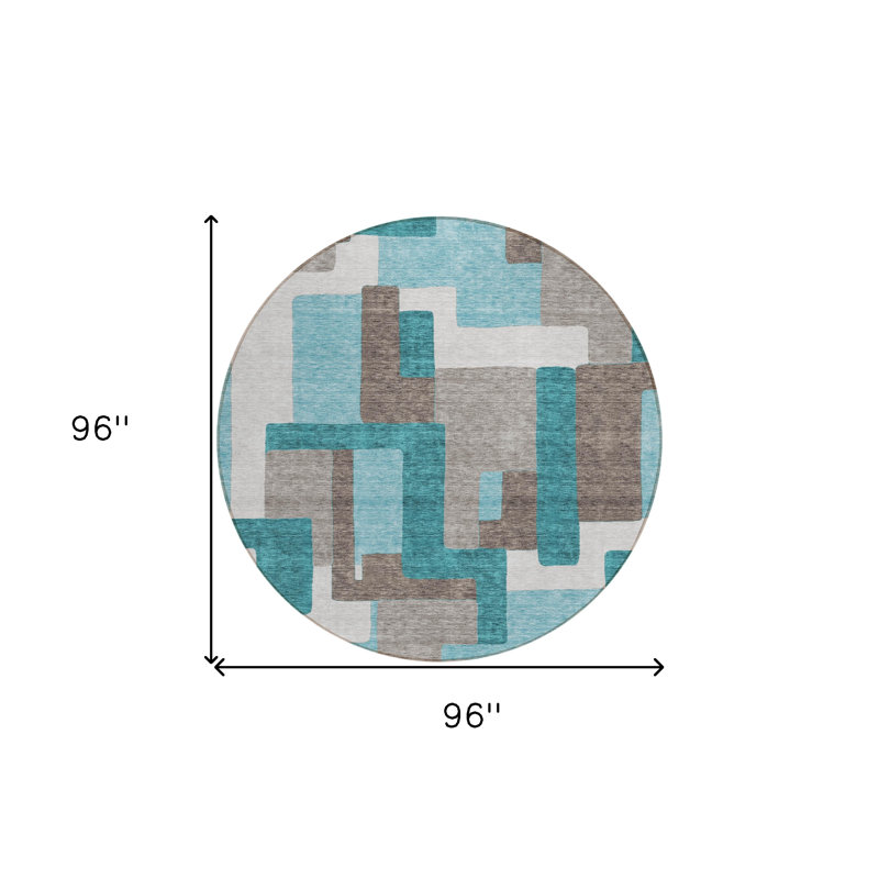Tapis d'extérieur rond lavable abstrait bleu sarcelle 8 pi bleu turquoise et beige