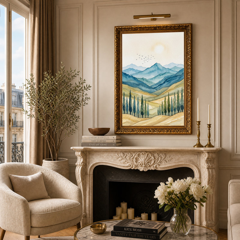 «Blue Mountains and Cypress Trees with Flying Birds», art mural sur toile, H 24 po x l 16 po