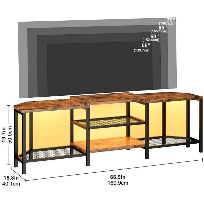 TV Stand for 190cm TVs with LED Lights, Charging Station & Storage Shelves, Brown