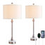 Lampe de table moderne en nickel et métal 28,3 po, ports de charge USB et Type-C intégrés avec abat-jour en lin doux pour table de salon