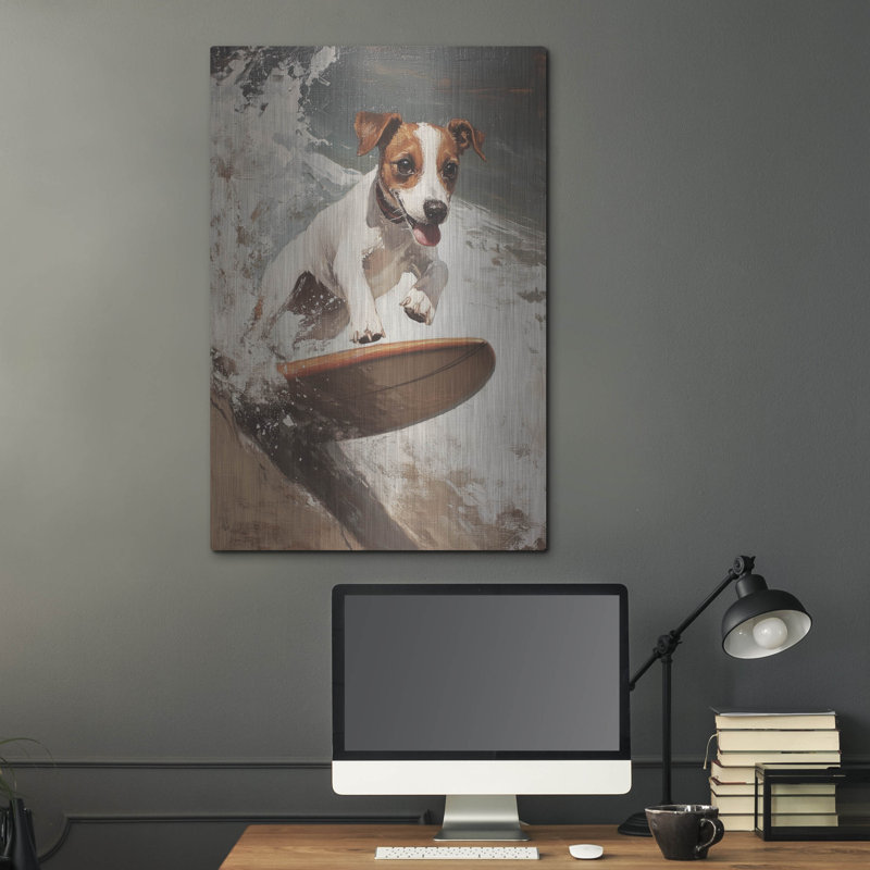 Art mural en métal Trinx «Doggy Surfing» par Svetlana Aleynikova, H 36 po x l 24 po