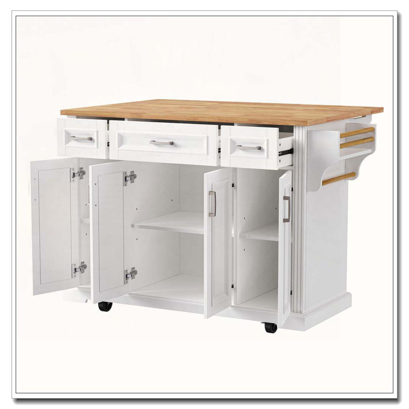 54inch Large Kitchen Island with Rubber Wood Drop Leaf, Embossed Texture Rolling Kitchen Cart on 4 Wheels with 4 Doors and 3 Drawers