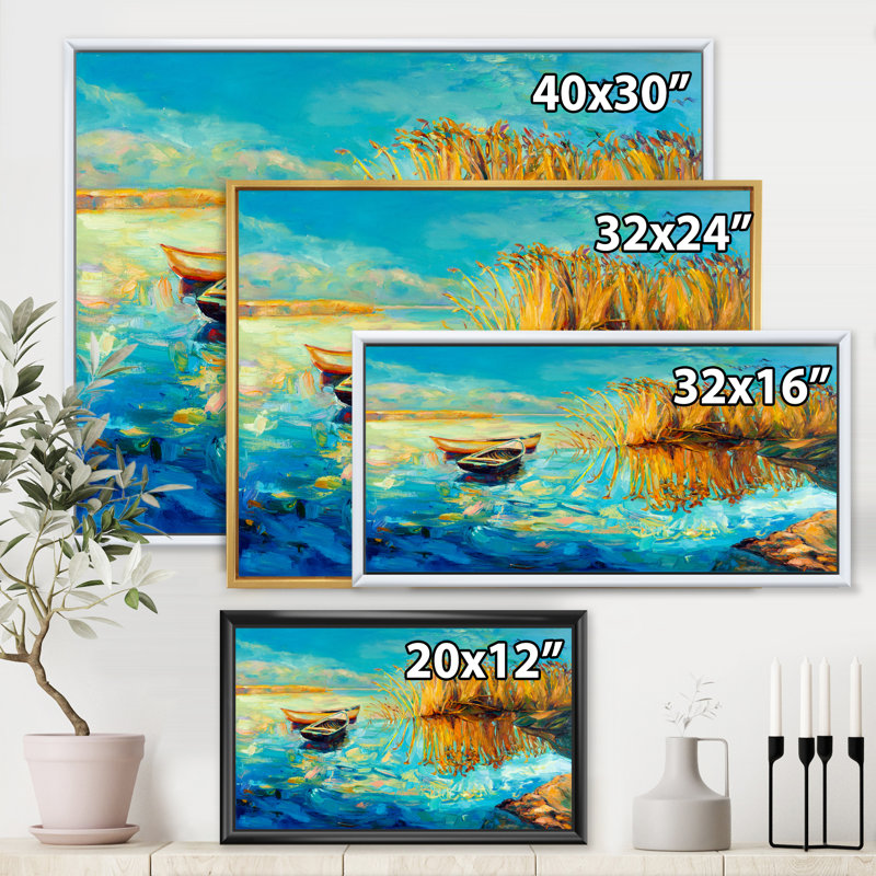 «Turquoise Lake With Orange Trees pendant le coucher du soleil», peinture sur toile, H 30 po x l 40 po x 1,5 po