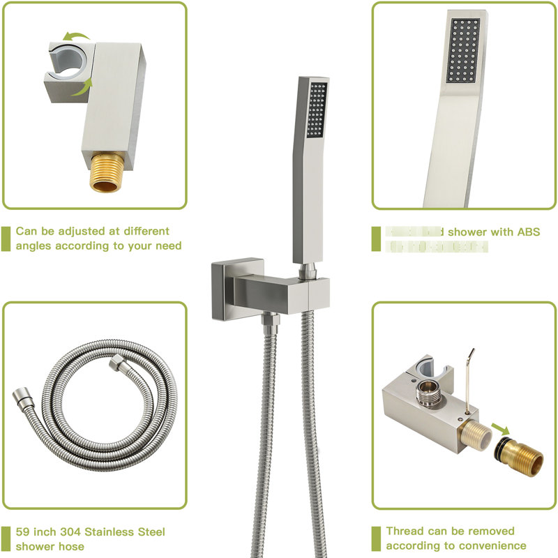 Brushed Nickel Shower Package: 16" Square Rainfall Head, Waterfall Spout, Handheld With 59" Hose & Holder Ceiling Mount In Nickel: Tub