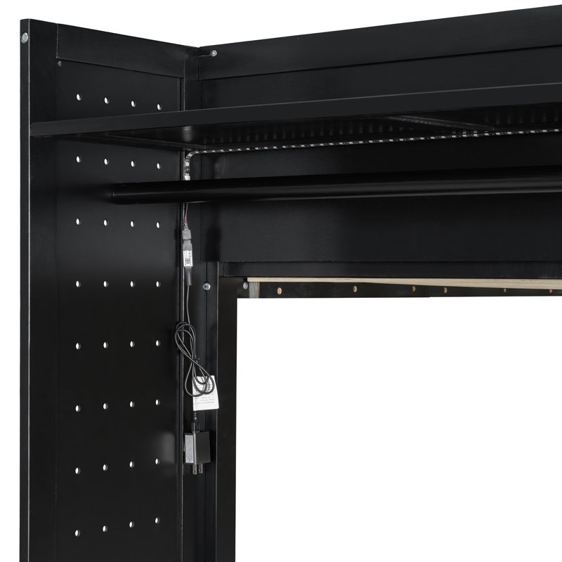 Lit superposé simple au-dessus de simple avec commode éclairée, support suspendu et tiroirs de rangement, Noir