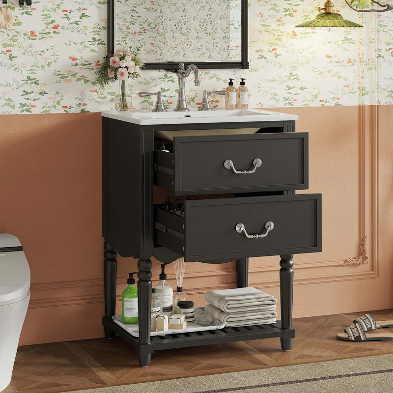 24'' Bathroom Vanity with Ceramic Sink,Two Soft-Close Drawers,Open Shelf, Black