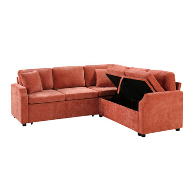 81.9" L-Shaped Orange Sectional Bed With Hidden Storage, Pull-Out Bed, Chenille Fabric, Matching Pillows, Ergonomic Design For Contemporary Living 81.9", L-Shaped, Orange, Sleeper, Throw Design,
