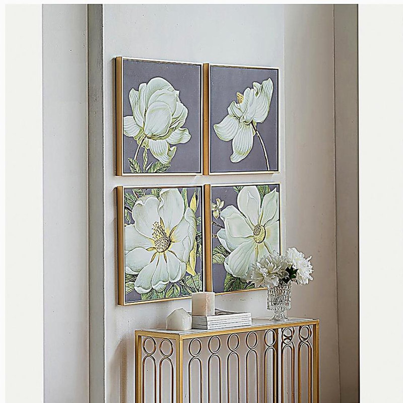 Ensemble de 4 impressions murales botaniques blanches et dorées, décor à la maison pour le salon, la salle à manger, le couloir de la chambre à coucher, 20 po x 20 po