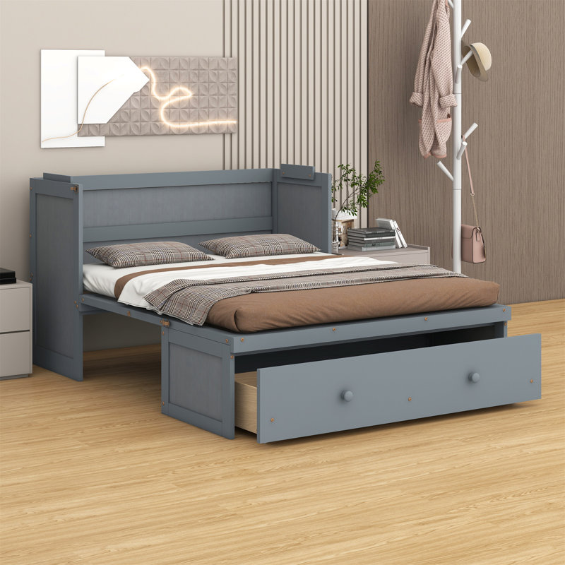 Lit escamotable avec port USB et grand tiroir, Gris, Grand
