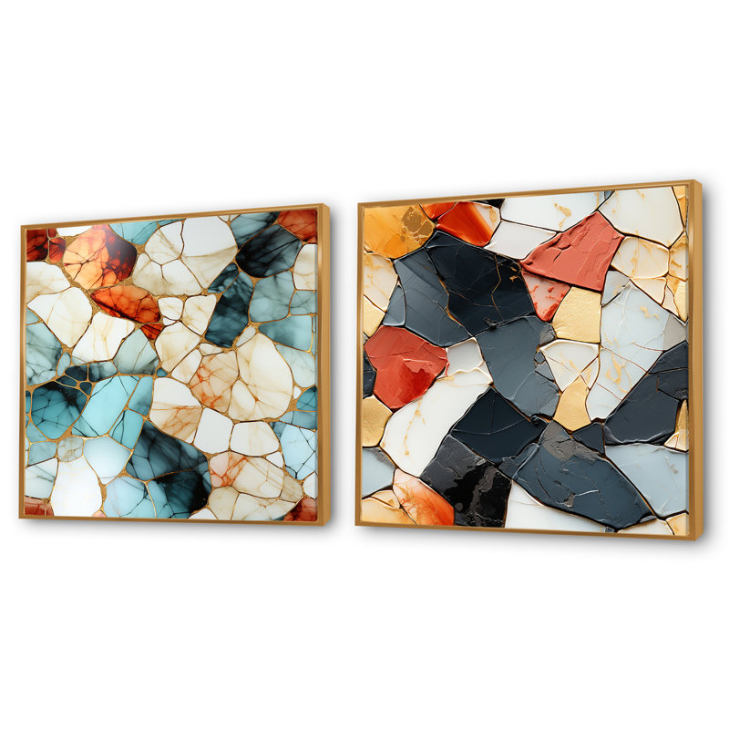 Daimond - Ensemble de 2 collages carrés abstraits, Cadre flottant doré, H 36 po x l 73 po