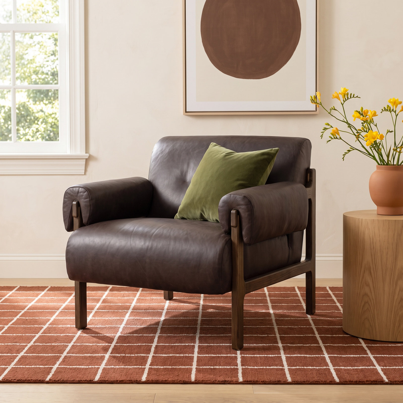 Yentl Upholstered Armchair, Conroe Cigar Genuine Leather
