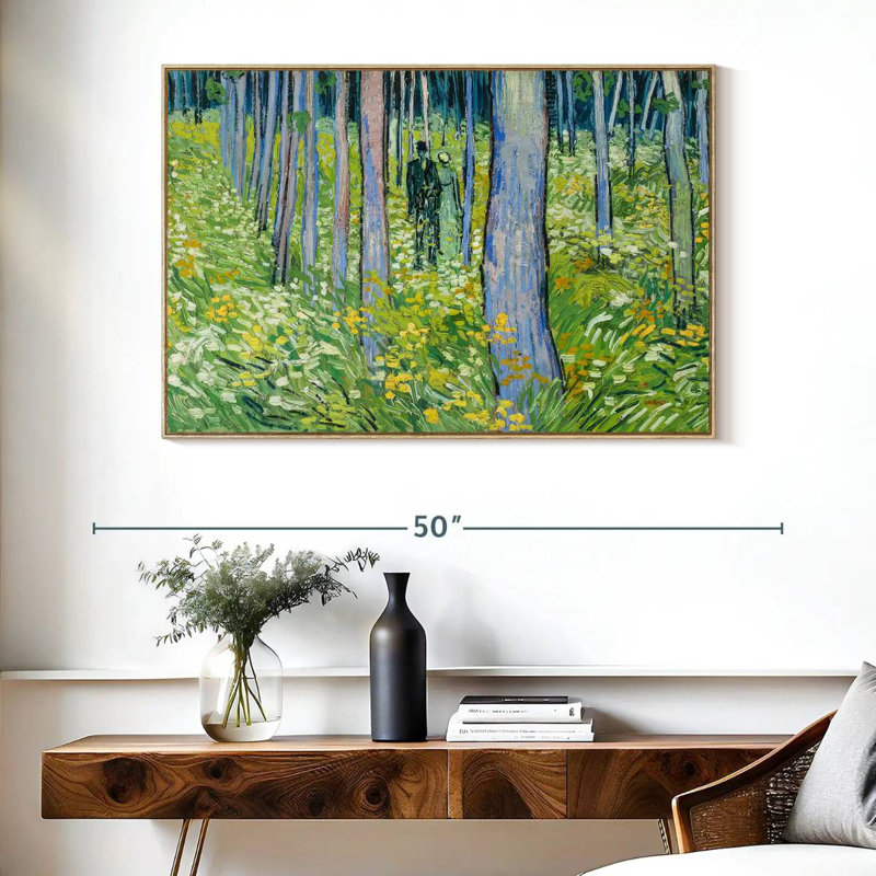 Sous-bois avec deux personnages, Cadre flottant en bois naturel, 40 po x 27 po