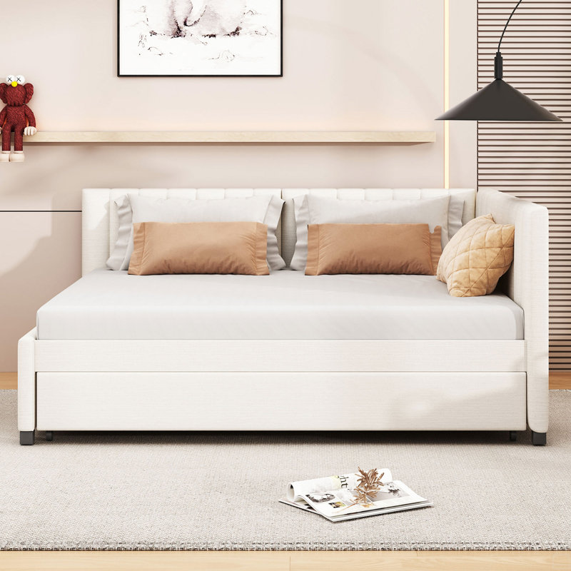 Full Size Upholstered Daybed With Trundle Sofa Bed Frame No Box Spring Needed, Linen Fabric, Beige