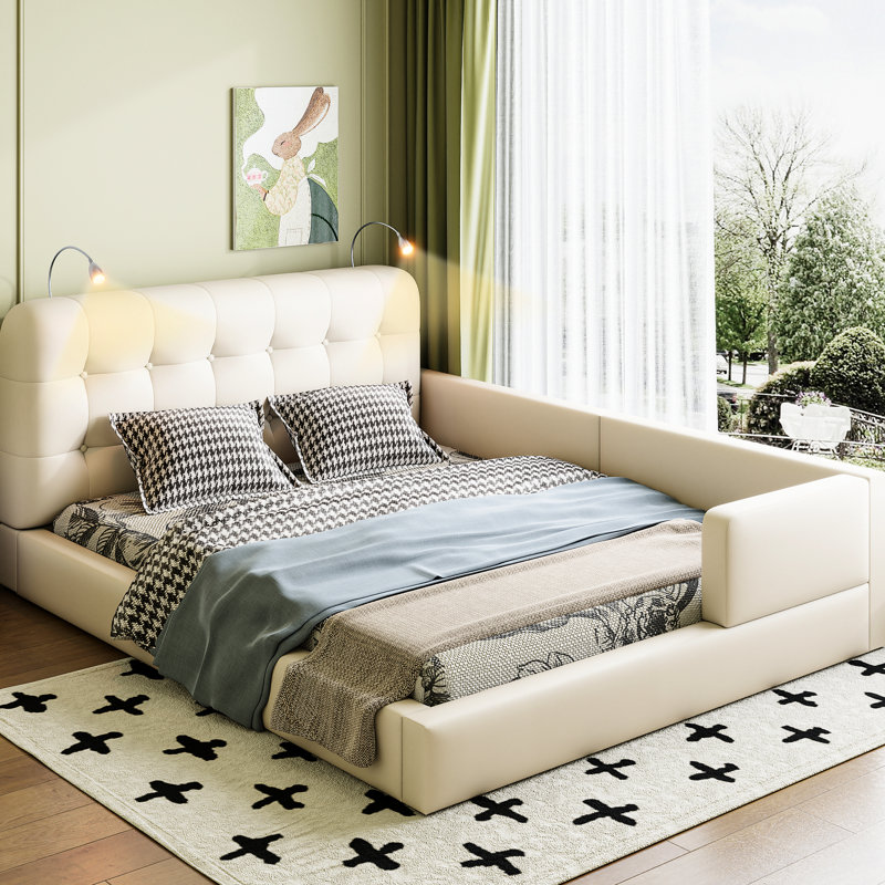 Grand lit plateforme tapissier avec lumières - Tête de lit spacieuse en cuir blanc pour la lecture