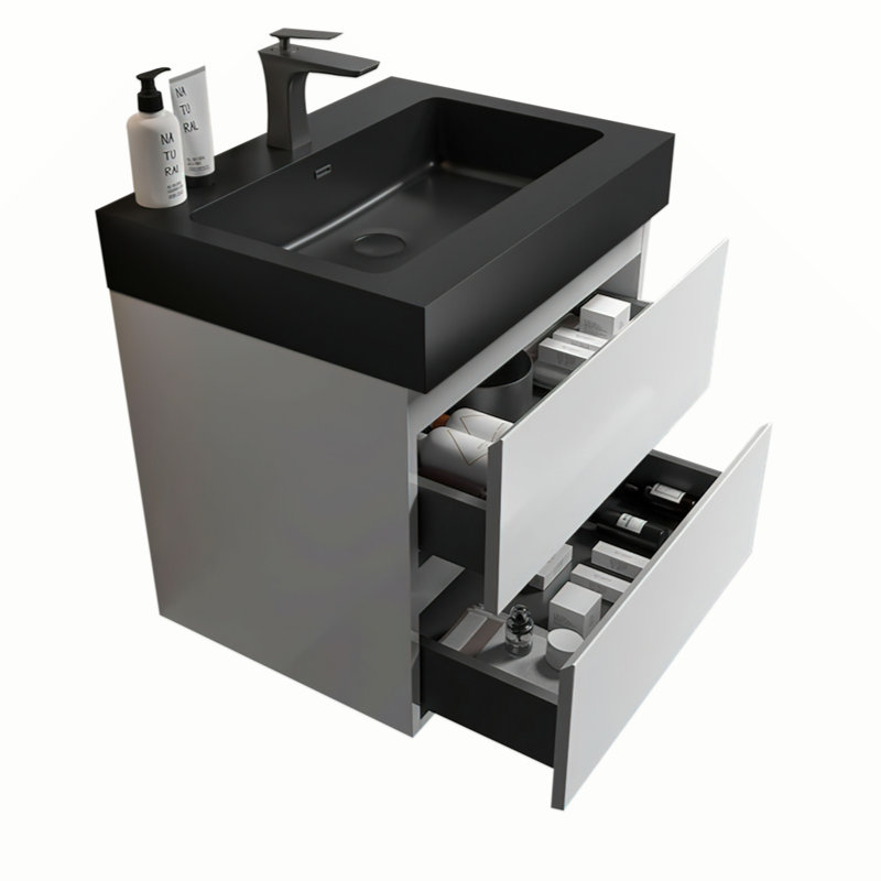 Meuble-lavabo mural 24 po avec lavabo, grand meuble-lavabo flottant mural pour salle de bain moderne, lavabo une pièce sans drain, pré-assemblé