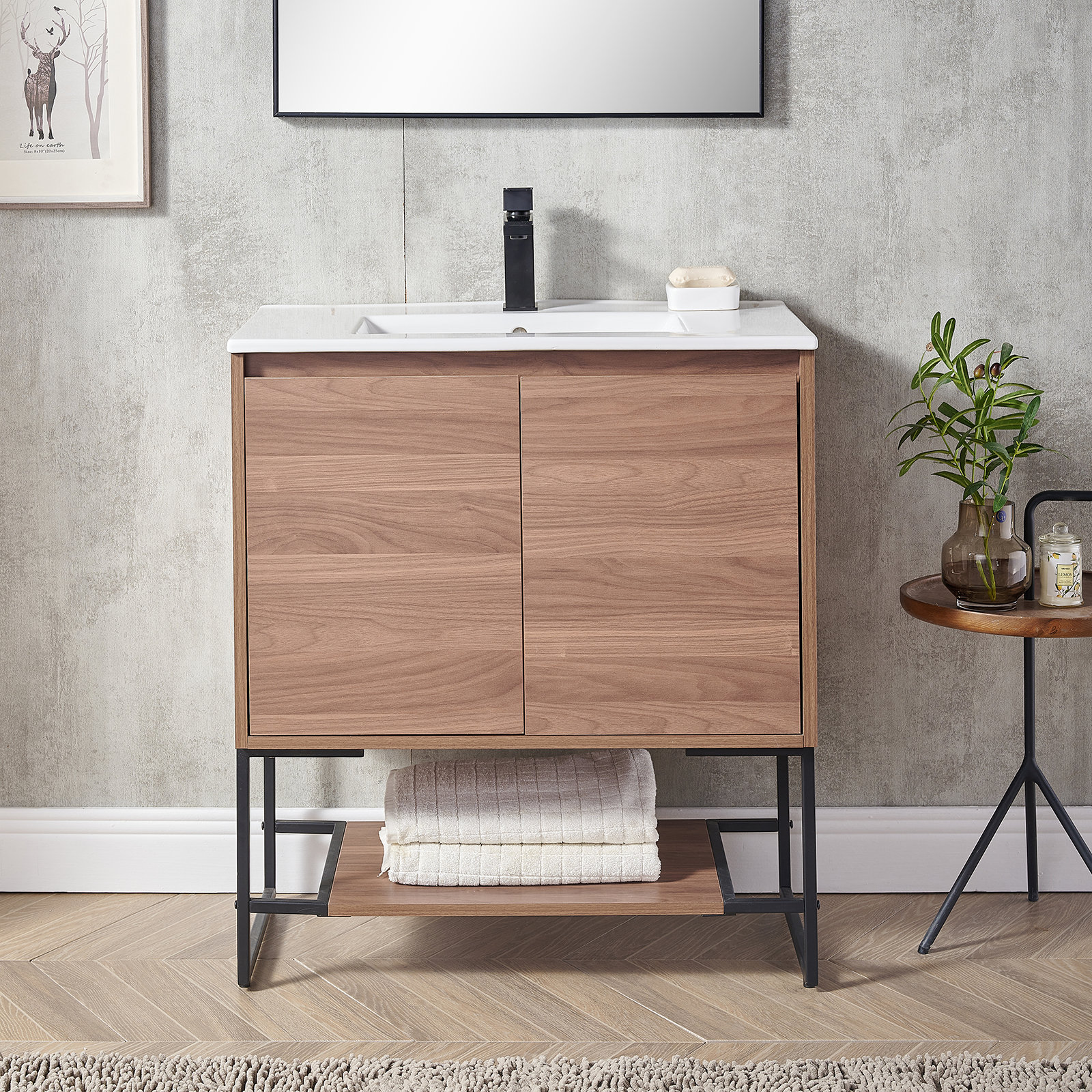 Industrial Free-Standing Bathroom Vanity Walnut & Black 3 Towel Shelves & 2  Doors