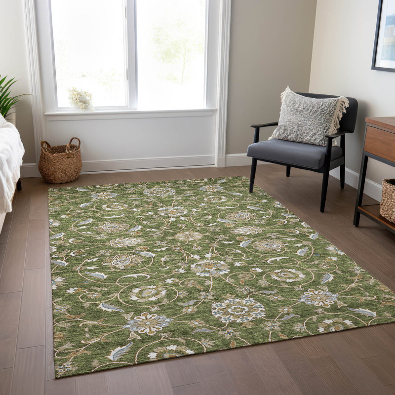 Machine Washable Indoor/Outdoor Cicel ACN1149 Olive Rug, Rectangle 3' x 5'