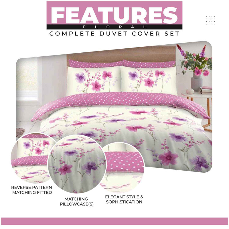Cotton Blend Floral Duvet Cover with Pillowcases, King Duvet Cover + 2 Standard Pillowcases
