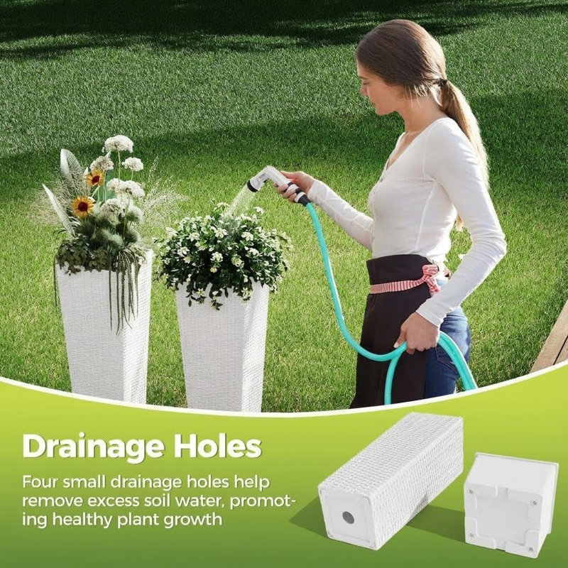 Tall Planters Set of 2, Large Indoor Outdoor Front Porch Planter, Inner Pot & Drainage Holes, Decorative Planter with Rattan Texture for Flowers, Patio, Backyard, Garden, Home