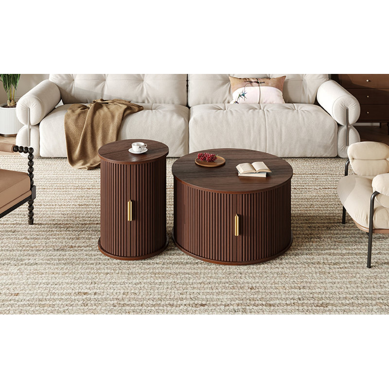 Mid-Century Coffee Table Set With Sliding Tambour Door, Round Fluted End Table With Storage, Golden Handle Tall & Low Side Table For Living Room, Set Of Two