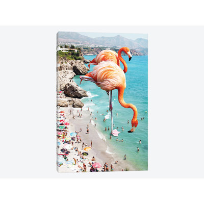 « géant flamant roses on the beach », reproduction d’impression sur toile
