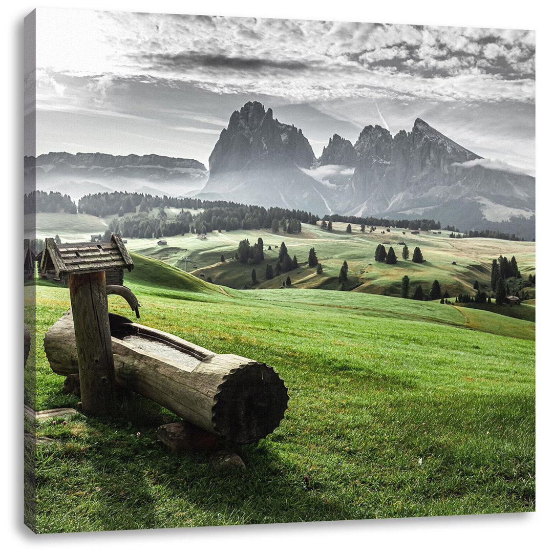 Leinwandbild Wassertrog auf einer Wiese in den Dolomiten