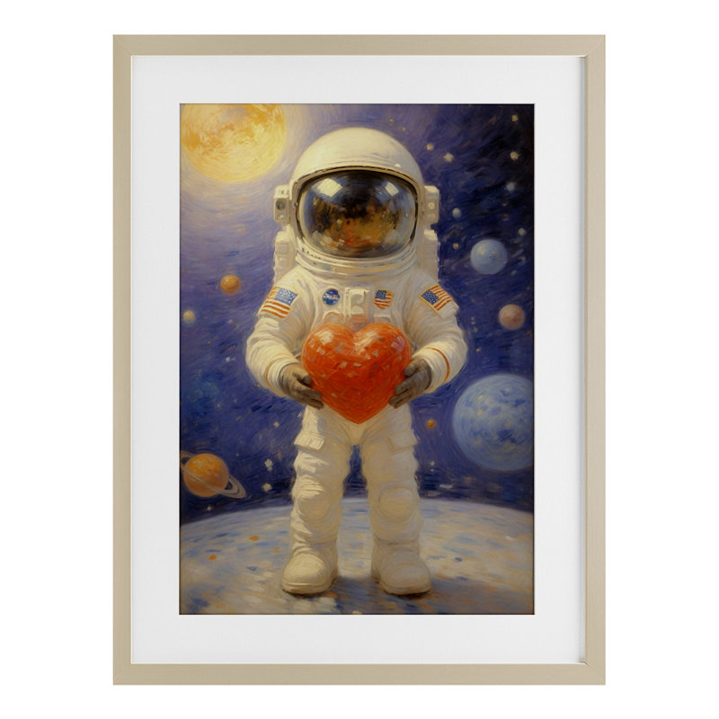 Astronaute tenant un cœur, reproduction sous verre, conception par Angie Hawke, Cadre de récolte en pin, H 23 po x l 17 po