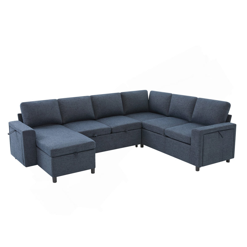 Canapé-lit modulaire convertible en U avec rangement, chargeur USB et porte-gobelets, canapé-lit en chenille rembourré pour le salon, bleu