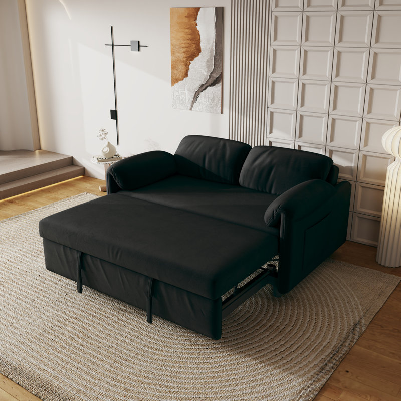 Canapé-lit 54 po en velours noir - Grand lit double rétractable, rangement pour accoudoirs, multicolore