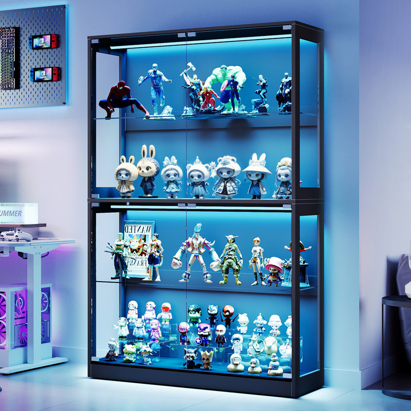 RGB Display Cabinet with Adjustable Glass Shelves, 4-Tier Storage Case with LED Lights & Press-to-Open Doors, Modern Display Shelf for Collectibles, Black 